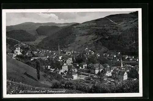 AK Zell im Wiesental (bad. Schwarzwald), Totalansicht von einem Berg aus