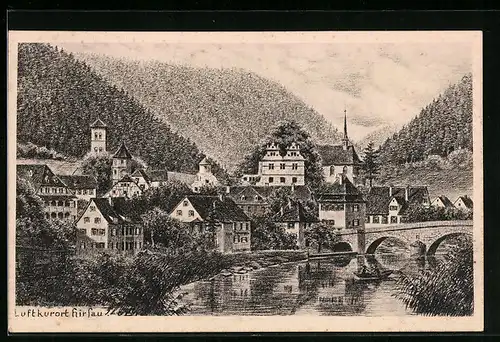 Künstler-AK Hirsau, Ortsansicht am Wasser