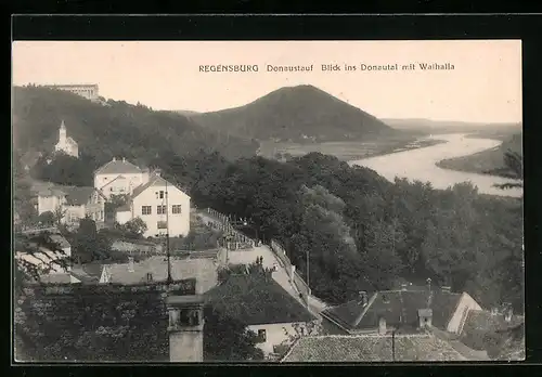 AK Regensburg-Donaustauf, Blick ins Donautal mit Walhalla