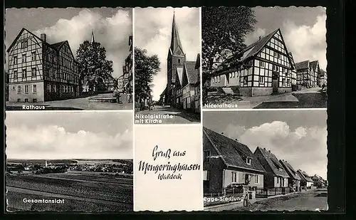AK Mengeringhausen (Waldeck), Gesamtansicht, Rathaus, Nikolaistrasse mit Kirche, Nicolaihaus, Egge-Siedlung