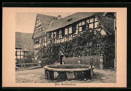 AK Gleichamberg in Thür., Fachwerkhaus und Brunnen