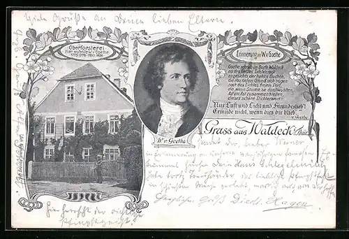 AK Waldeck in Thür., Oberförsterei und Porträt W. v. Goethe