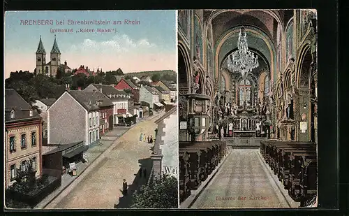 AK Arenberg bei Ehrenbreitstein am Rhein, Inneres der Kirche und Roter Hahn