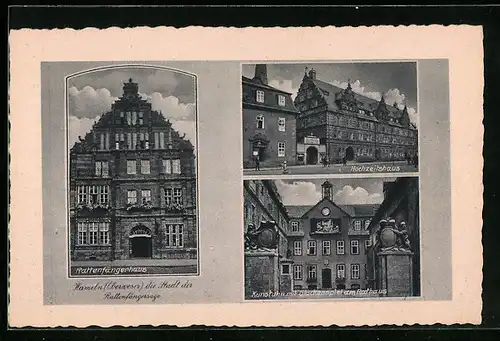 AK Hameln (Oberweser), Rattenfängerhaus, Hochzeitshaus, Kunstuhr mit Glockenspiel am Rathaus