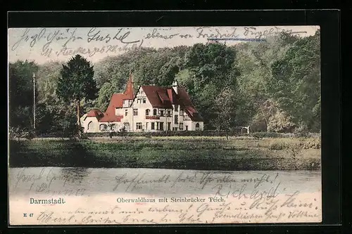 AK Darmstadt, Oberwaldhaus mit Steinbrücker Teich