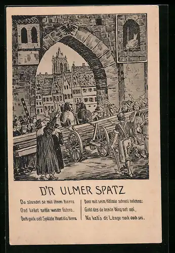 Künstler-AK Ulm a. D., Der Ulmer Spatz mit Spruch