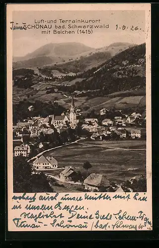 AK Schönau /bad. Schwarzwald, Totalansicht mit Belchen