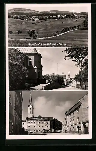 AK Wegscheid /Bayr. Ostmark, Ortsansicht, Kirche und Rathaus