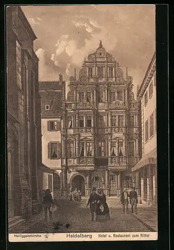 Künstler-AK Heidelberg, Heiliggeistkirche und Hotel & Restaurant Zum Ritter