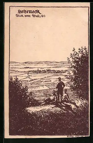 Künstler-AK Ipsheim, Bergschloss Hoheneck mit Blick vom Wall in den Aischgrund