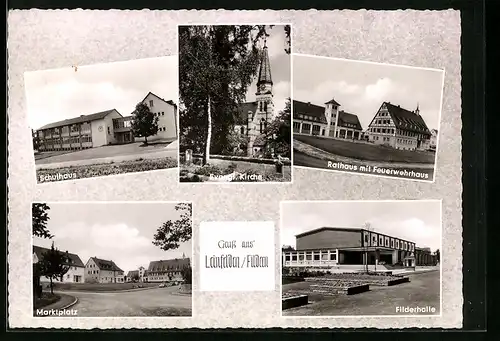AK Leinfelden /Fildern, Schulhaus, Evangel. Kirche, Rathaus und Feuerwehrhaus, Marktplatz, Filderhalle