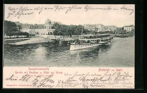 AK Biebrich, Dampfer an der Haltestelle, Rheinpartie, Garten mit Pavillon und Hotel zur Krone