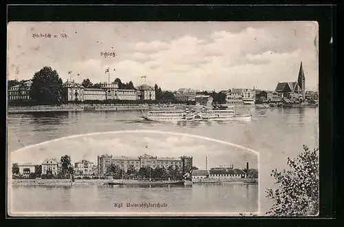 AK Biebrich, Königliche Unteroffizierschule, Schloss und Dampfer auf dem Rhein