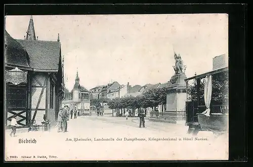 AK Biebrich, Rheinufer mit Landungsstelle der Dampfer, Kriegerdenkmal und Hotel Nassau