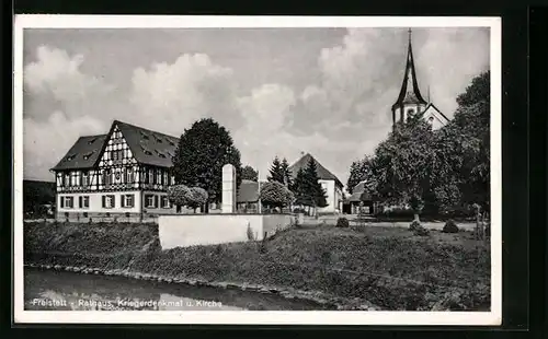 AK Freistett, Rathaus, Kriegerdenkmal und Kirche