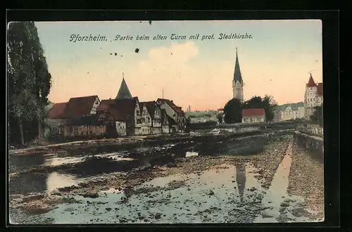 AK Pforzheim, alter Turm mit prot. Stadtkirche