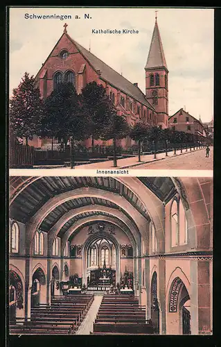 AK Schwenningen a. N., Katholische Kirche, Aussen- und Innenansicht