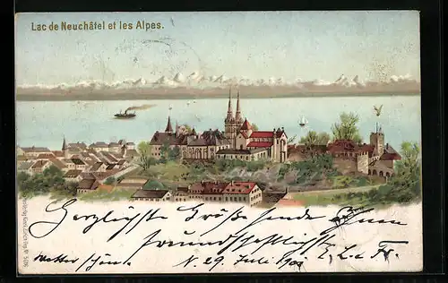 Lithographie Neuchatel, le Lac et les Alpes