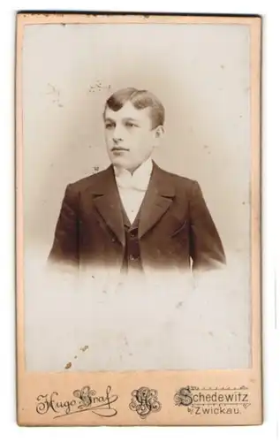Fotografie Hugo Graf, Schedewitz, Hauptstr. 71, junger Bursche im Anzug und Weste mit Seitenscheitel