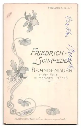 Fotografie Friedrich Schroeder, Brandenburg a. d. Hav., Ritterstr. 17-18, Portrait ältere Dame im bestickten Kleid