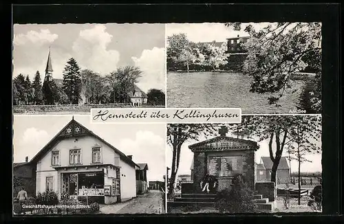 AK Hennstedt / Kellinghusen, Geschäftshaus Hermann Ehlers, Kirche, Ehrenmal
