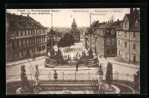 AK Gotha, Wasserkünste und Rathaus auf dem Hauptmarkt