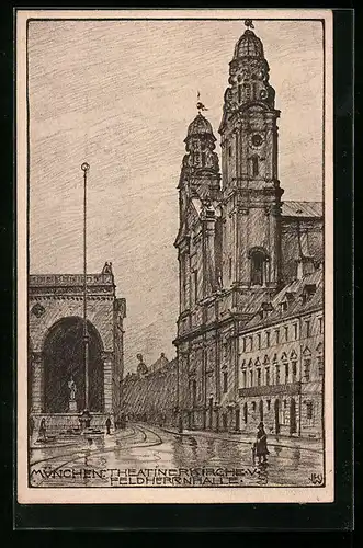 Künstler-AK München, Theatinerkirche und Feldherrnhalle