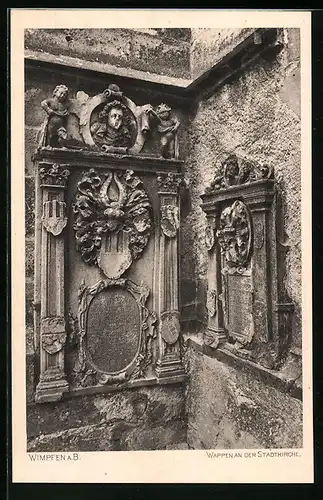 AK Wimpfen a. B., Wappen an der Stadtkirche