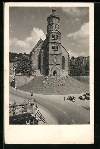 AK Schwäbisch Hall, Michaeliskirche mit Freitreppe, Marktplatz und gotischem Pranger