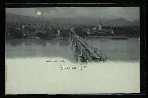 Mondschein-AK Linz a. D., Gesamtansicht mit Donaubrücke