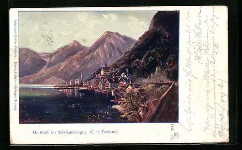 AK Hallstatt, Partie mit Gebirgswand am Seeufer