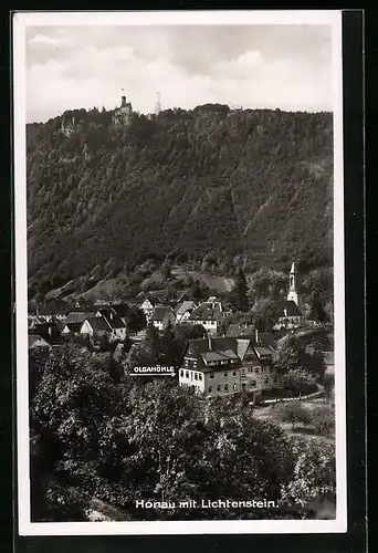 AK Honau, Gesamtansicht mit Gasthaus Olgahöhle und Burg Lichtenstein