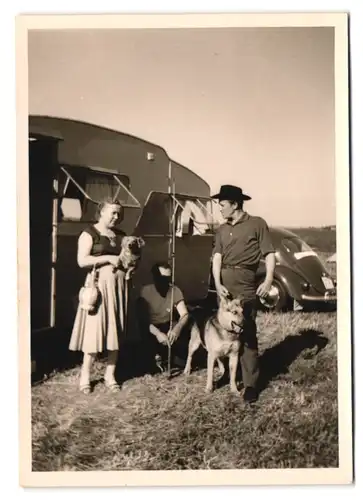 6 Fotografien Zelten, Wohnanhäger, VW-Käfer, Schäferhund