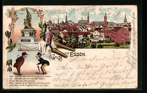 Lithographie Essen, Teilansicht, Krieger-Denkmal