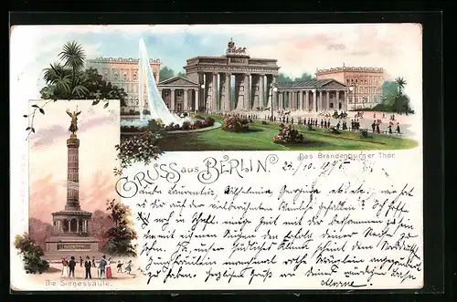 Vorläufer-Lithographie Berlin, 1895, Brandenburger Tor, Siegessäule