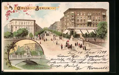 Lithographie Berlin, Strassenpartie mit Gasthaus Münchnener Bürger-Bräu, Herkules-Brücke