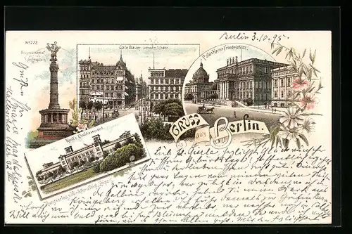 Vorläufer-Lithographie Berlin, 1895, Cafe Bauer, Unter den Linden, Gasthaus Kroll, Palais Kaiser Friedrich III.