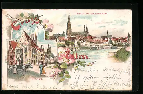 Lithographie Ulm, Teilansicht mit Kirche von der Eisenbahnbrücke, Rathaus mit Brunnen