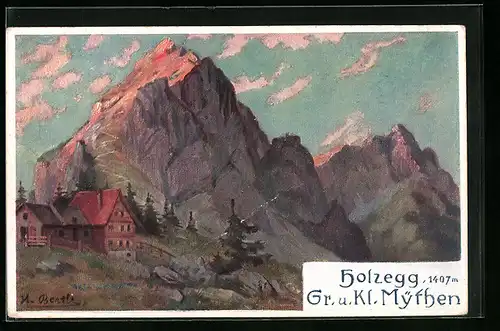 AK Brunni-Alpthal, Gasthof Holzegg, Gr. u. kl. Mythen