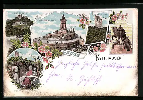 Lithographie Kyffhäuser, Kaiser Wilhelm Denkmal, Barbarossa, Reiterstandbild