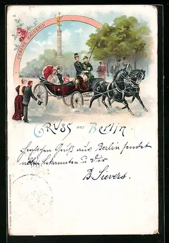 Lithographie Berlin, Kaiserin in einem Pferdewagen an der Siegessäule