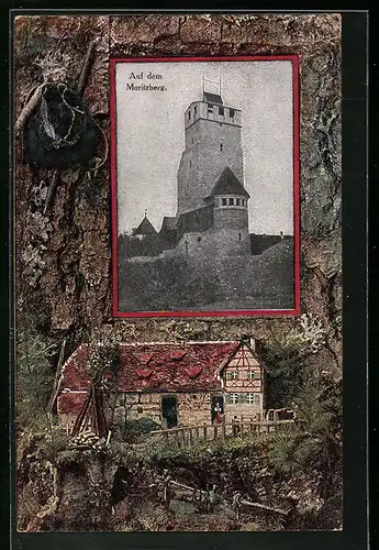 Präge-AK Moritzberg, Burgturm, Passepartout