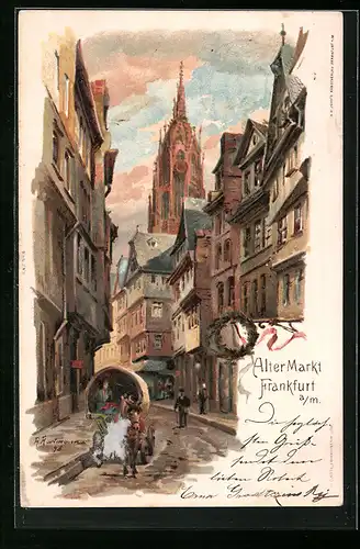 Lithographie Frankfurt a. M., Alter Markt mit Kirchturm und Pferdewagen
