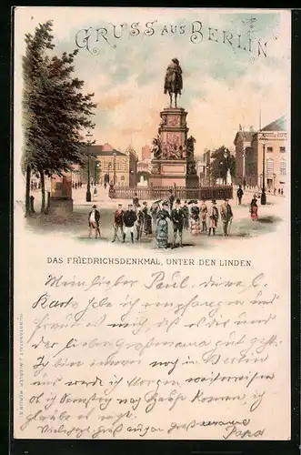 Lithographie Berlin, Das Friedrichsdenkmal Unter den Linden