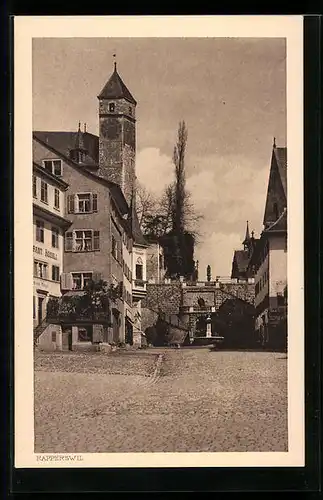 AK Rapperswil, Restaurant Rössli mit Turm und Brunnen