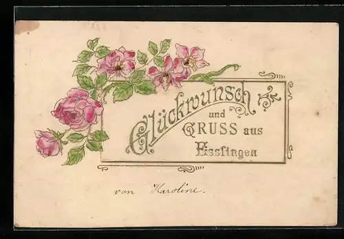 Präge-Lithographie Esslingen, Blumen, Glückwunsch