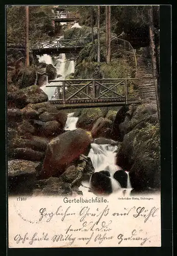AK Bühlertal, Gertelbachfälle, Wanderer auf einer Brücke