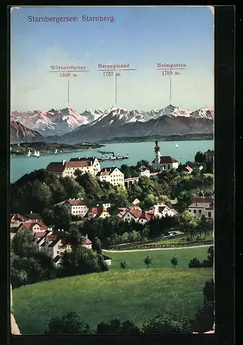 AK Starnberg, Ortsansicht mit Blick auf Starnbergersee und Umland
