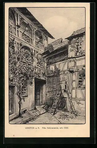 Künstler-AK Wimpfen a. N., Blick auf alte Holzveranda