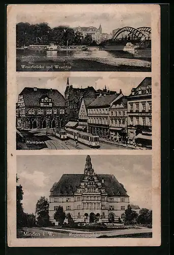 AK Minden i. W., Weserbrücke, Marktplatz mit Strassenbahn, Regierungsgebäude